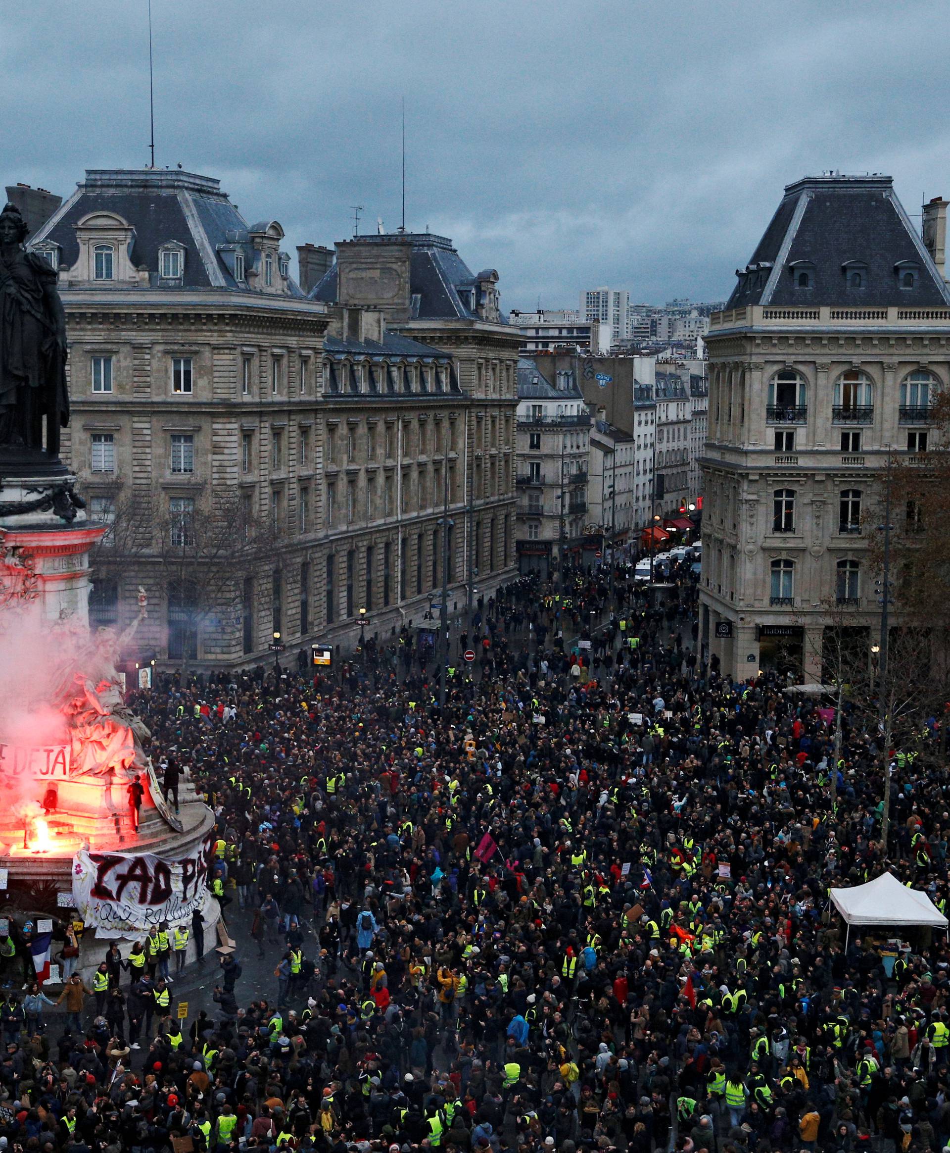 A view of the Place de la Republique as protesters wearing yellow vests gather during a national day of protest by the "yellow vests" movement in Paris