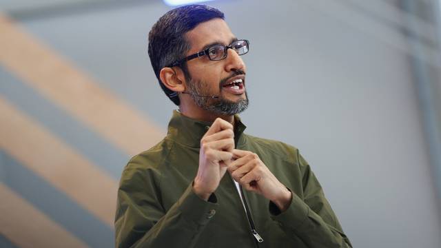 Google CEO Sundar Pichai speaks on stage during the annual Google I/O developers conference in Mountain View, California