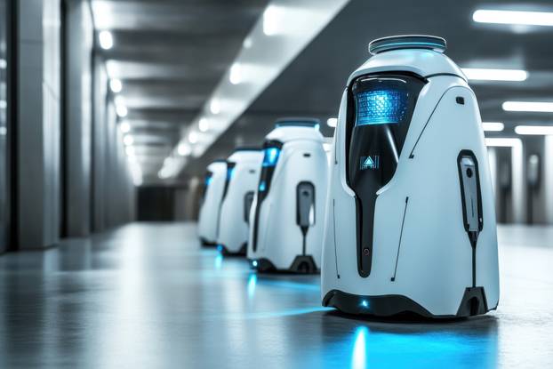 Robots lined up in modern corridor with glowing accents during nighttime inspection