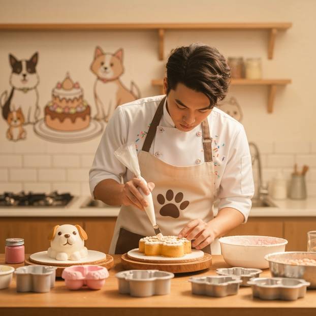 Asian,Handsome,Pet,Cake,Baker,Making,Pet,Cakes