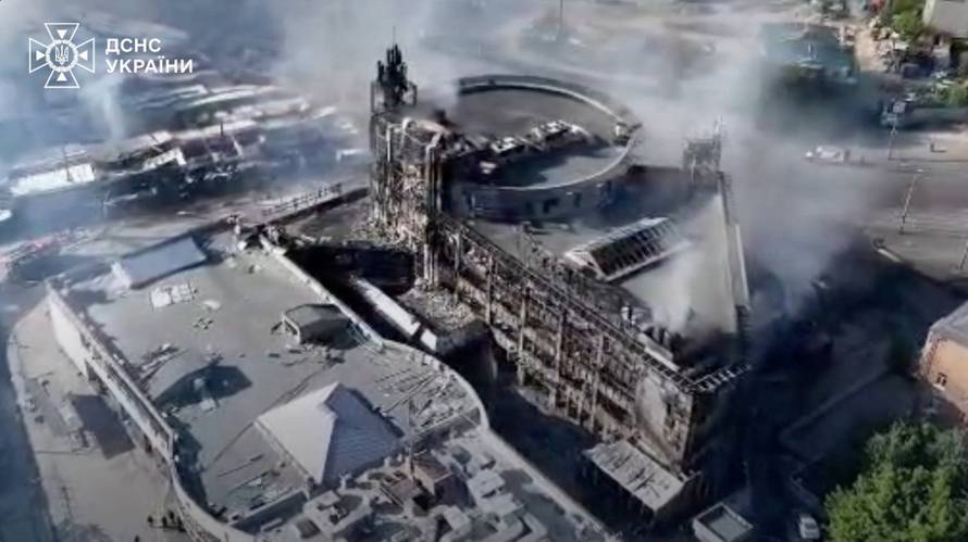 A drone view of a damaged building following a Russian strike in Kyiv