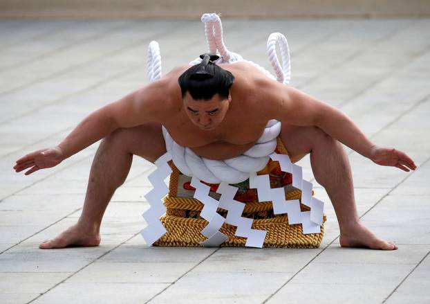 FILE PHOTO : Mongolian-born grand sumo champion Yokozuna Harumafuji performs the New Year