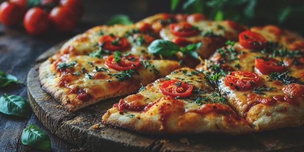 Margherita pizza topped with tomato sauce, mozzarella cheese