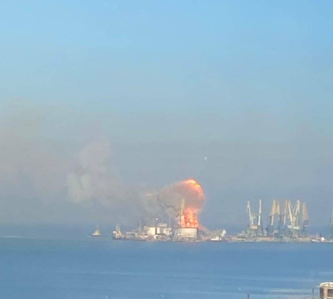 A general view shows the large landing ship "Orsk" of the Russian Navy's Black Sea Fleet as it is destroyed, according to the Ukrainian Navy, in the Russian-occupied port of Berdiansk