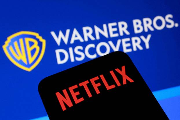 FILE PHOTO: Illustration shows Netflix and Warner Bros Discovery logos
