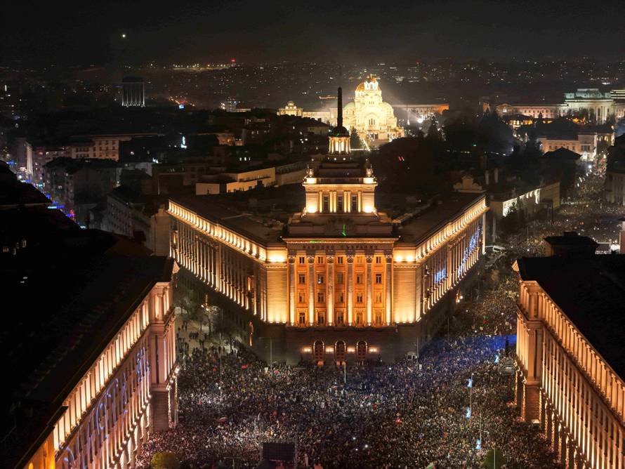 A drone view shows protesters demonstrating outside the parliament during an anti-government rally in Sofia