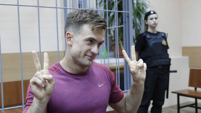 Pyotr Verzilov affiliated to anti-Kremlin punk band Pussy Riot, who ran onto the pitch during the World Cup final, attends a court hearing in Moscow