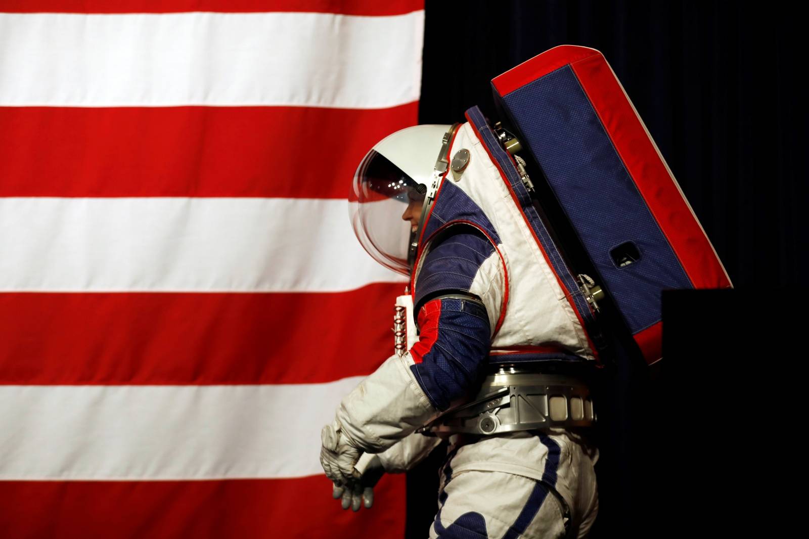 Advanced Space Suit Engineer at NASA Kristine Davis wears the xEMU prototype space suit for the next astronaut to the moon by 2024, during its presentation at NASA headquarters in Washington