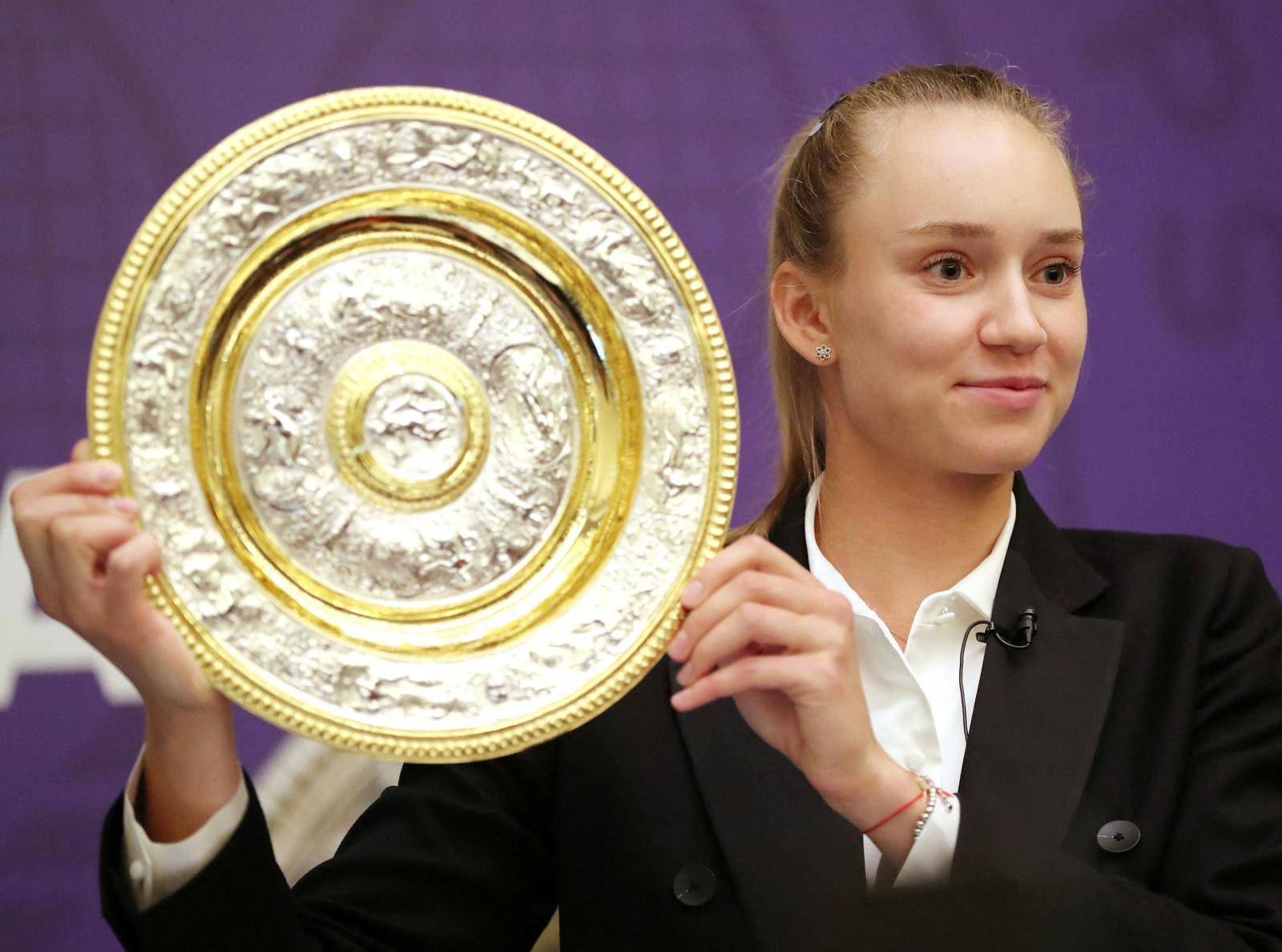 Wimbledon winner Elena Rybakina attends a news conference in Nur-Sultan