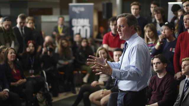 Britain's Prime Minister David Cameron addresses students at Exeter University in Exeter, Britain