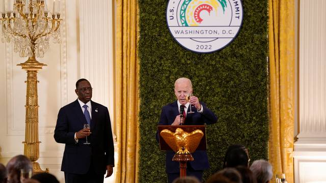 U.S. President Joe Biden gives a toast during the U.S.-Africa Leaders Summit dinner in the East Room at the White House in Washington