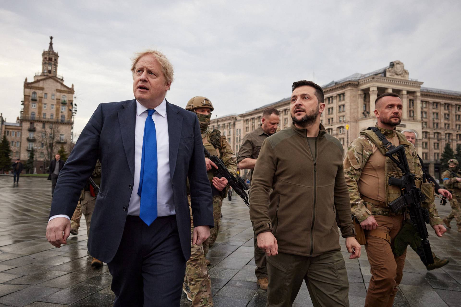 Ukraine's President Zelenskiy welcomes British PM Johnson walk in central Kyiv