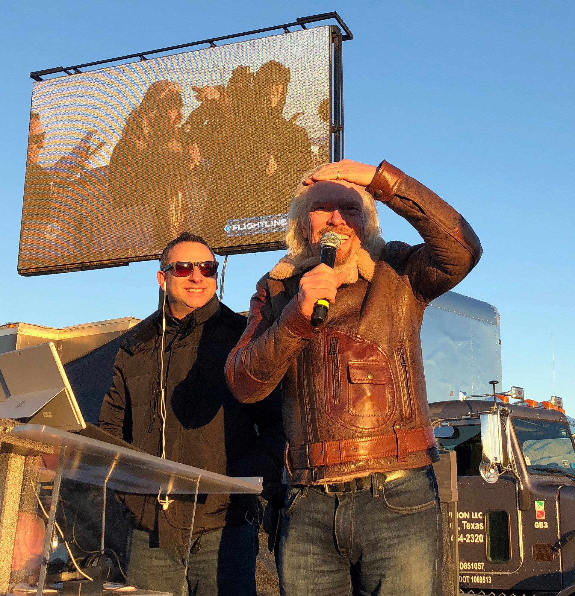 Branson addresses the crowd moments after take off of Virgin Galacticâs carrier airplane carrying a space tourism rocket plane toward space from Mojave Air and Space Port in Mojave