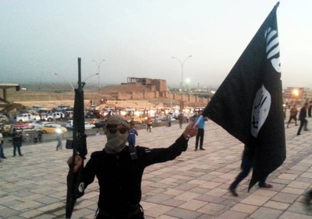 FILE PHOTO: A fighter of the ISIL holds a flag and a weapon on a street in Mosul