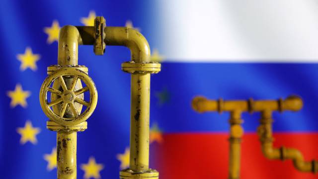 Illustration shows natural gas pipeline, EU and Russia flags