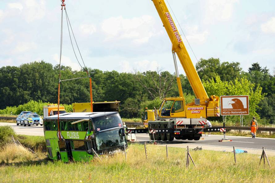 A view of the scene of a crashed FlixBus bus that was en route from Copenhagen to Berlin
