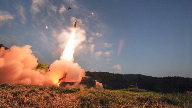 South Korean troops fire Hyunmoo Missile into the waters of the East Sea at a military exercise in South Korea