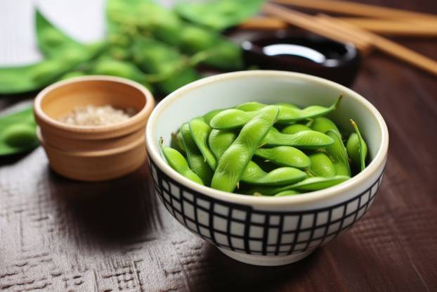 edamame in a ceramic bowl with soy sauce