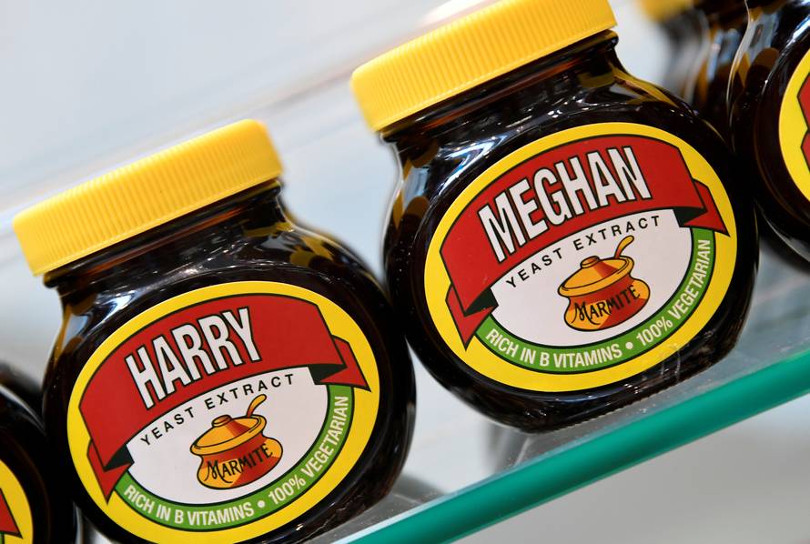 A shelf display of Marmite spread with a redesigned label for the forthcoming wedding of Britain's Prince Harry and his fiancee Meghan Markle is seen in Windsor, Britain,