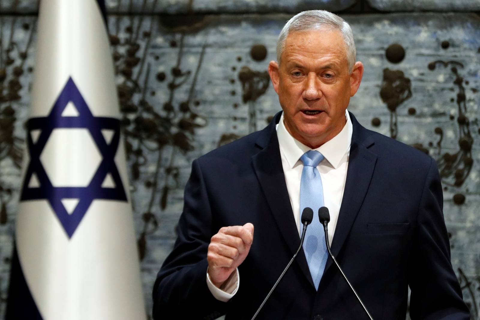 Benny Gantz, leader of Blue and White party, speaks during a nomination ceremony at the President's residency in Jerusalem