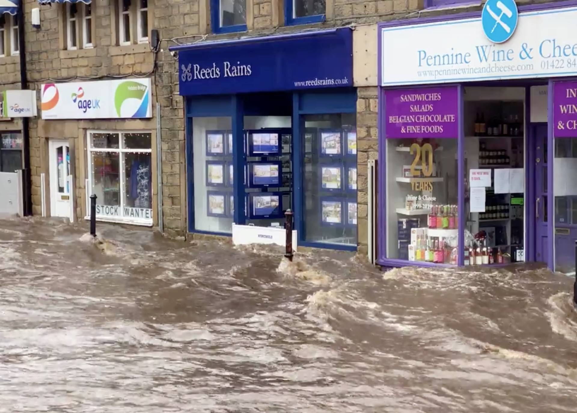 A flooded street is seen after Storm Ciara downpour in Hebden Bridge