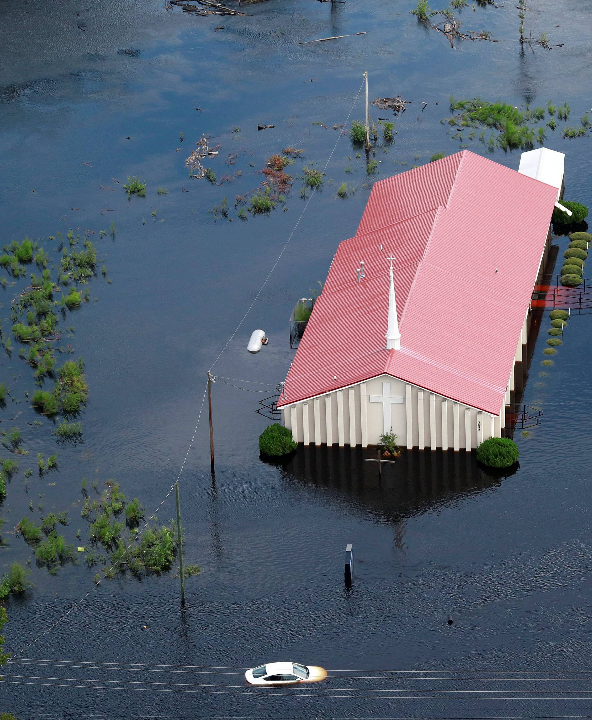 Rock Hill Missionary Baptist Church is seen in floodwater caused by Hurricane Florence in Lumberton