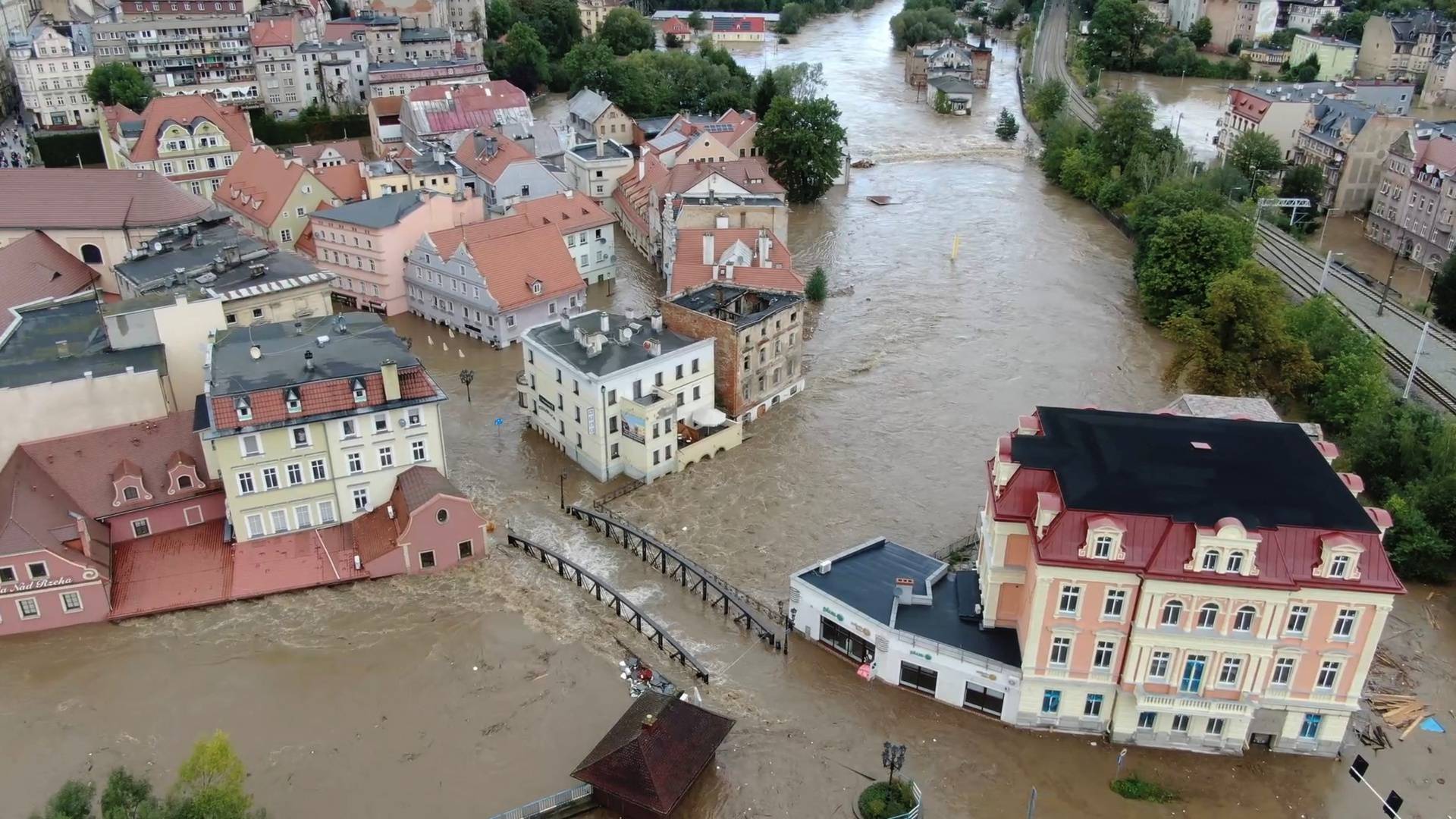 Drone footage shows Polish town Klodzko submerged under water following heavy rain