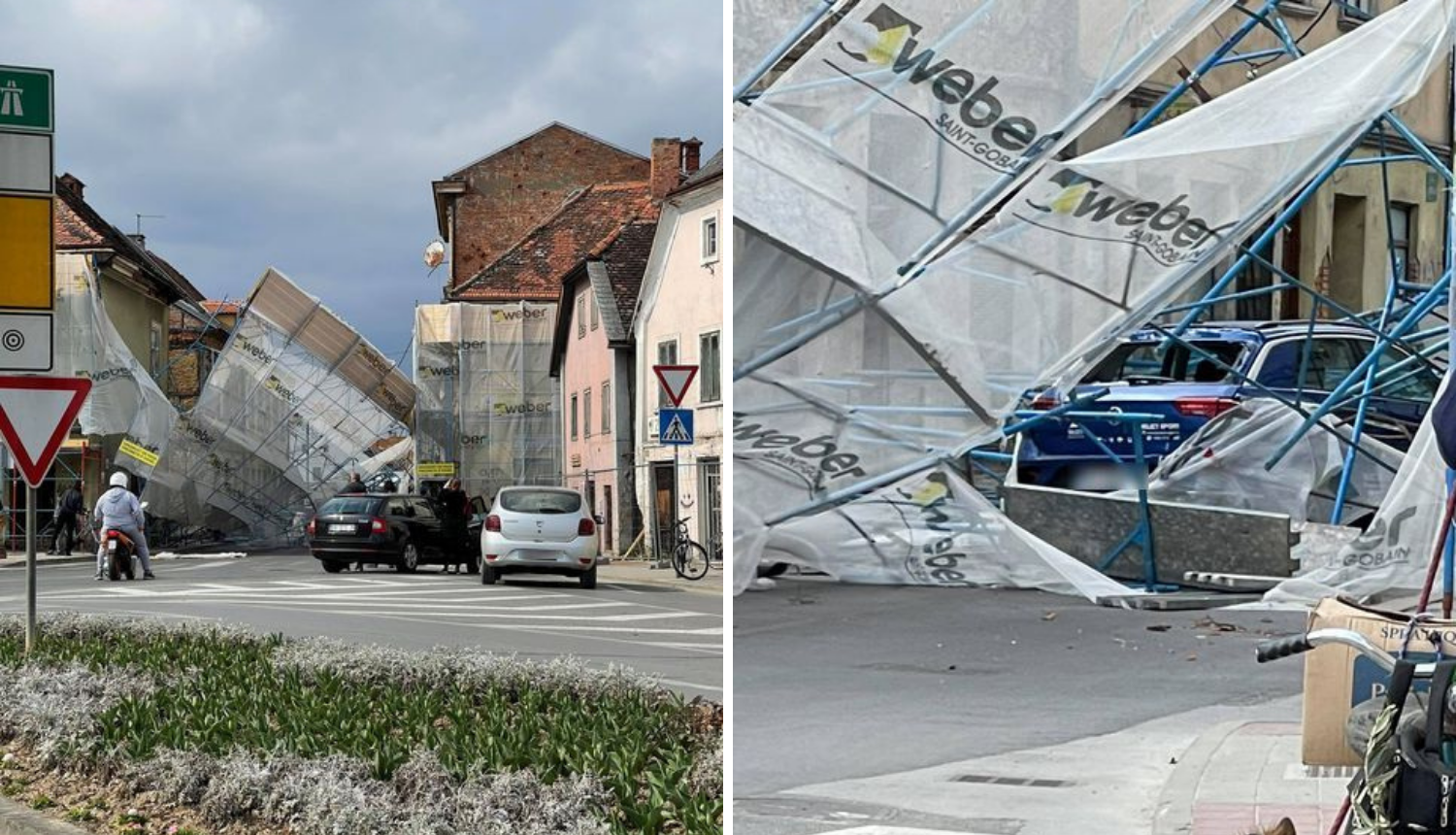 Karlovac: Zbog jakog vjetra srušila se skela i pala na auto