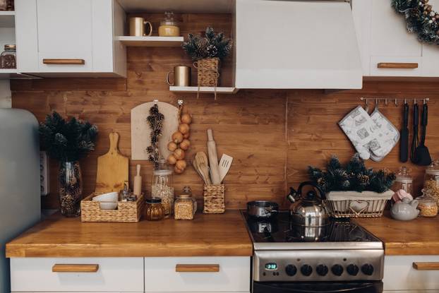 Modern white and brown kitchen. Christmas holidays