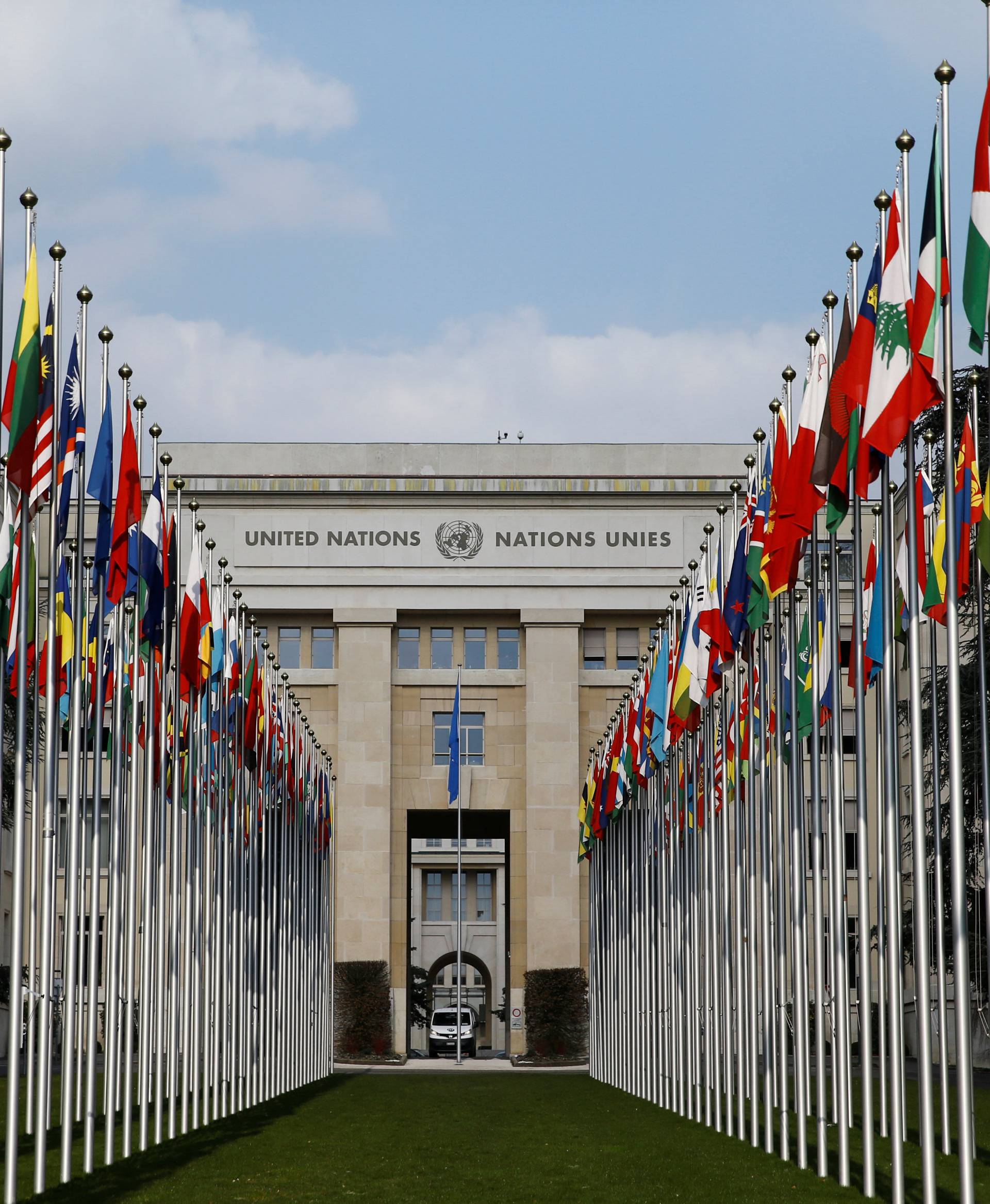 Flags are pictured outside the United Nations in Geneva