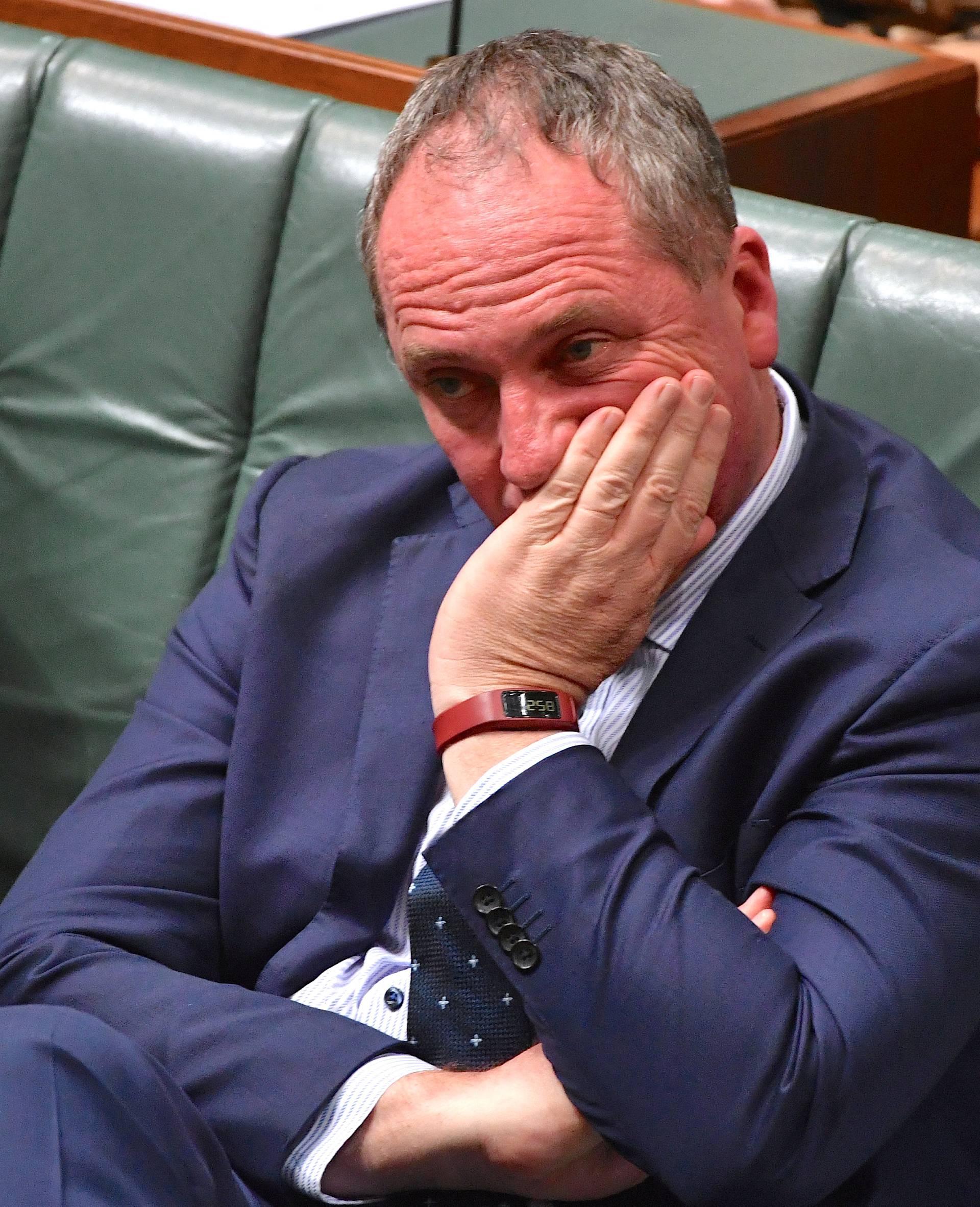 FILE PHOTO: Australian Deputy Prime Minister Barnaby Joyce reacts as he sits in the House of Representatives at Parliament House in Canberra