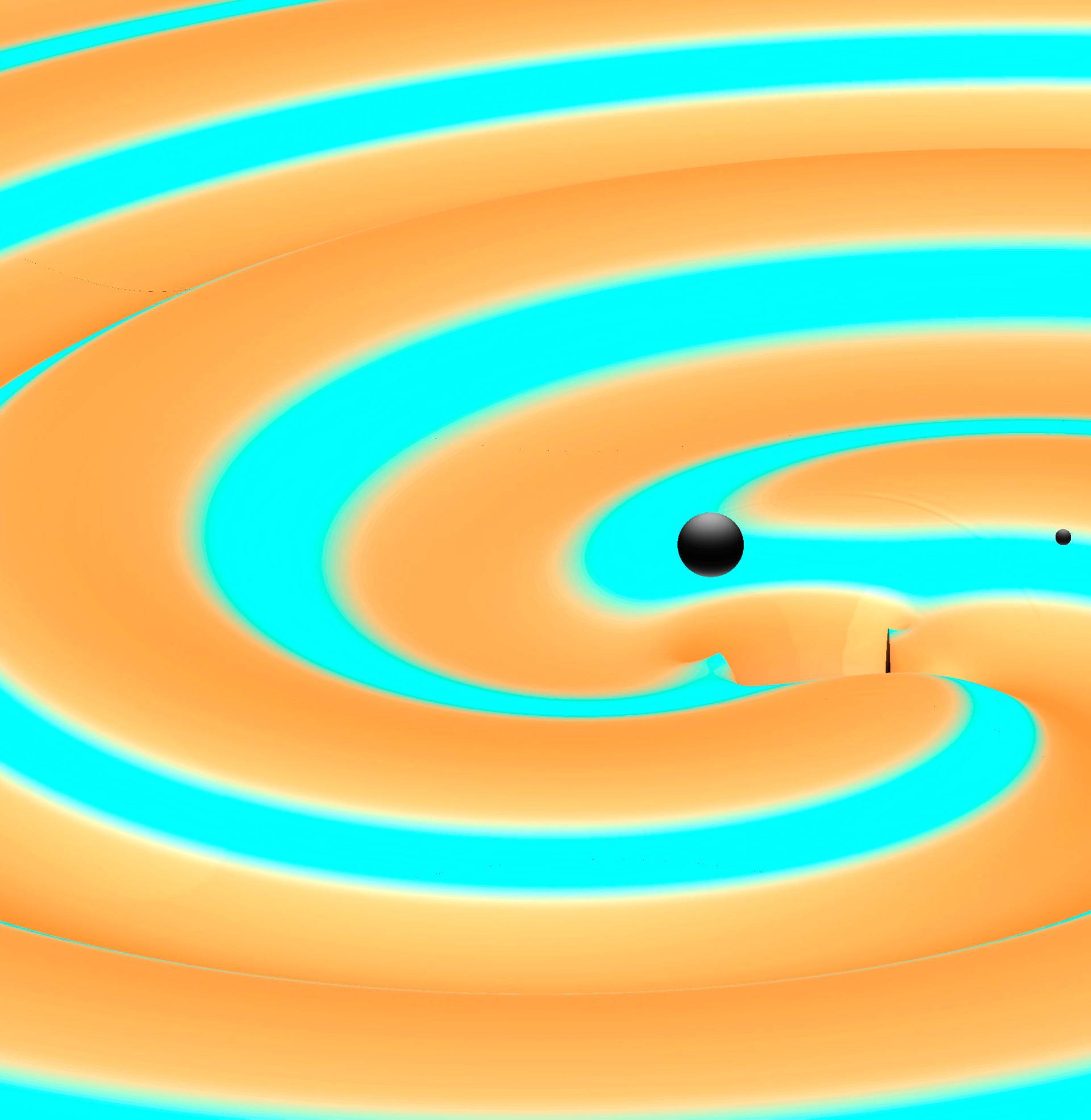 An artist rendition shows two black holes just moments before they collided and merged to form a new black hole