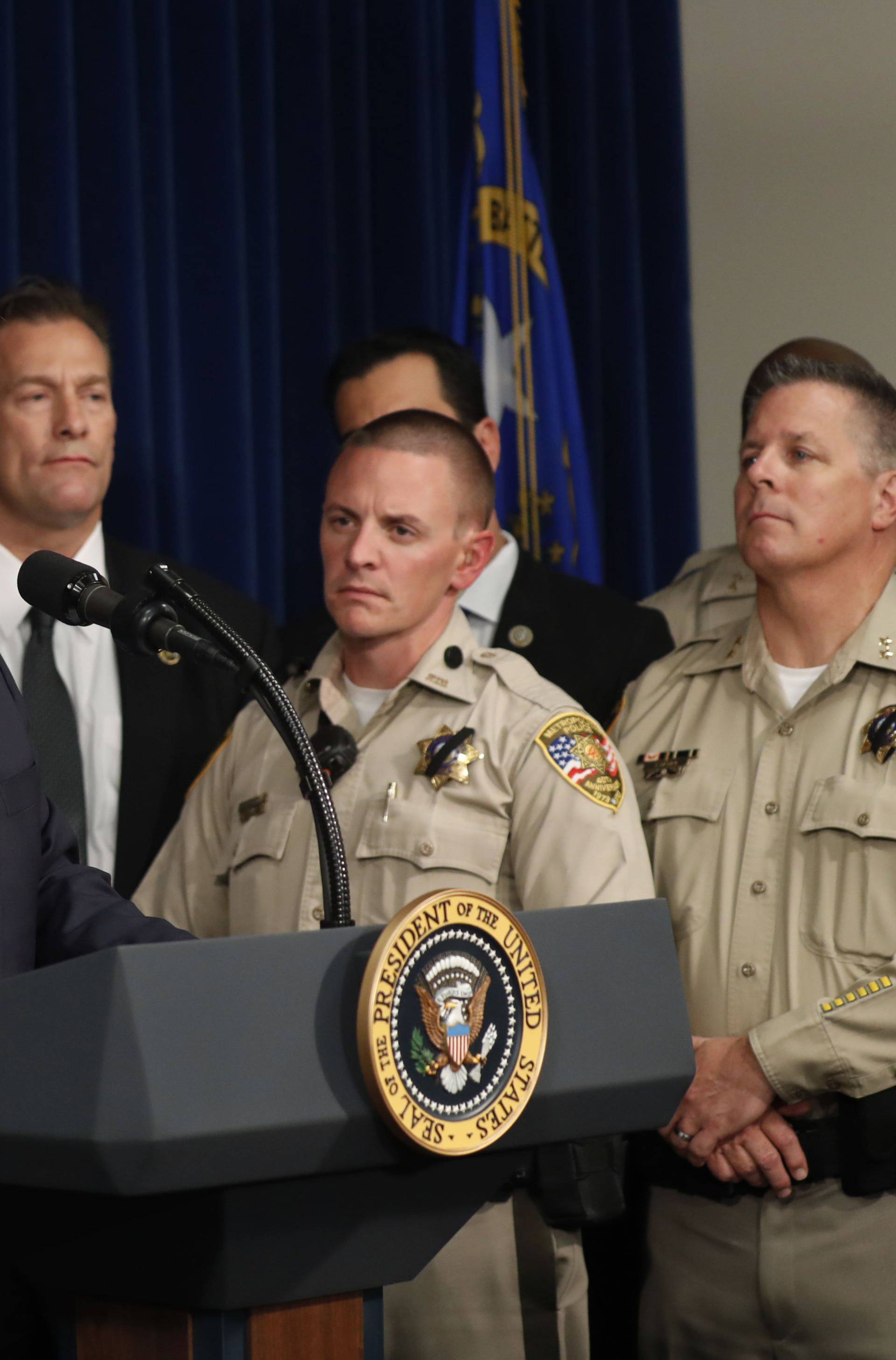 U.S. President Trump speaks with police in Las Vegas, Nevada