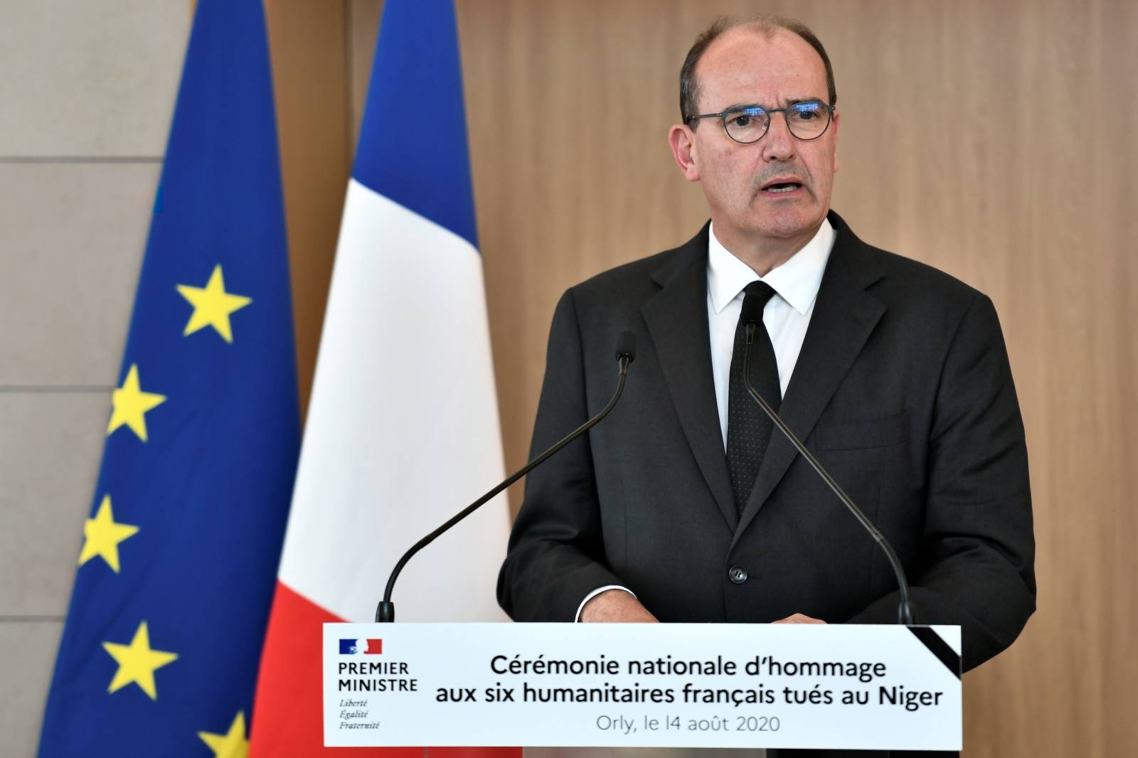 French PM Castex attends a ceremony in tribute to six humanitarian aid workers, in Orly