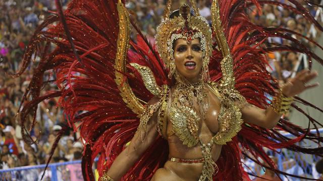 A reveller from Salgueiro performs during the second night of the Carnival parade at the Sambadrome in Rio de Janeiro