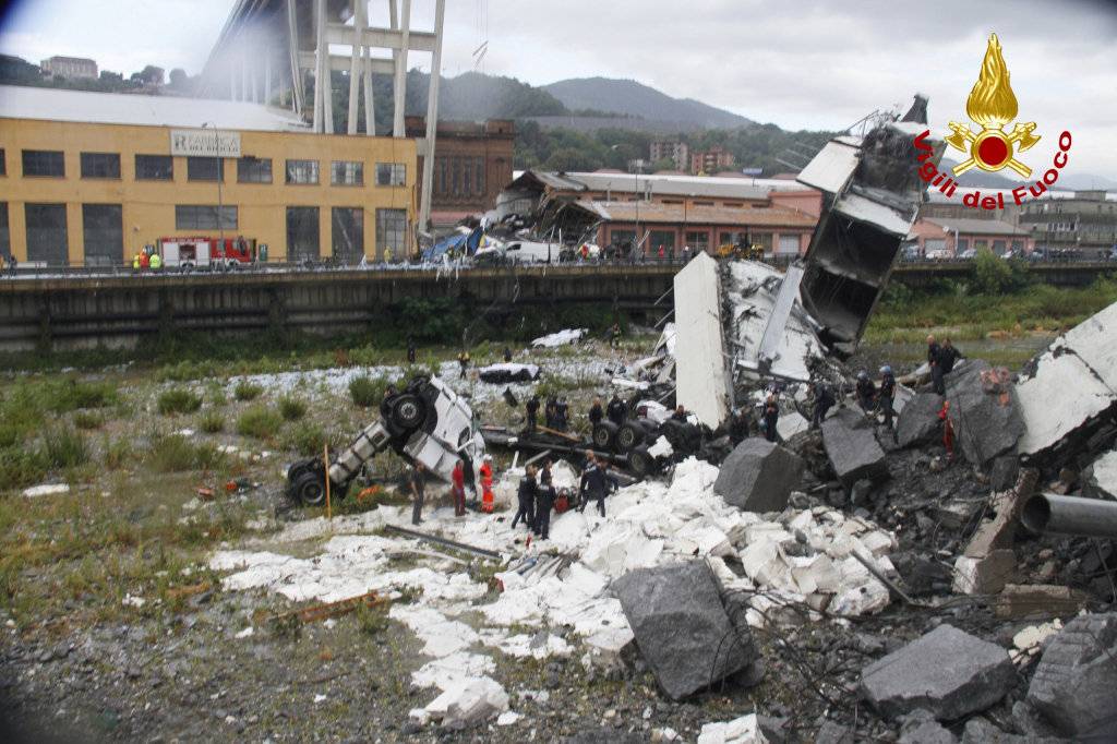 The collapsed Morandi Bridge is seen in the Italian port city of Genoa in this picture released by Italian firefighters