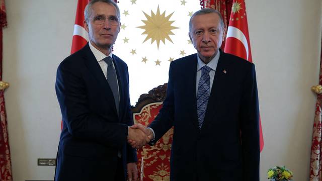 Turkey's President Tayyip Erdogan shakes hands with NATO Secretary General Jens Stoltenberg in Istanbul