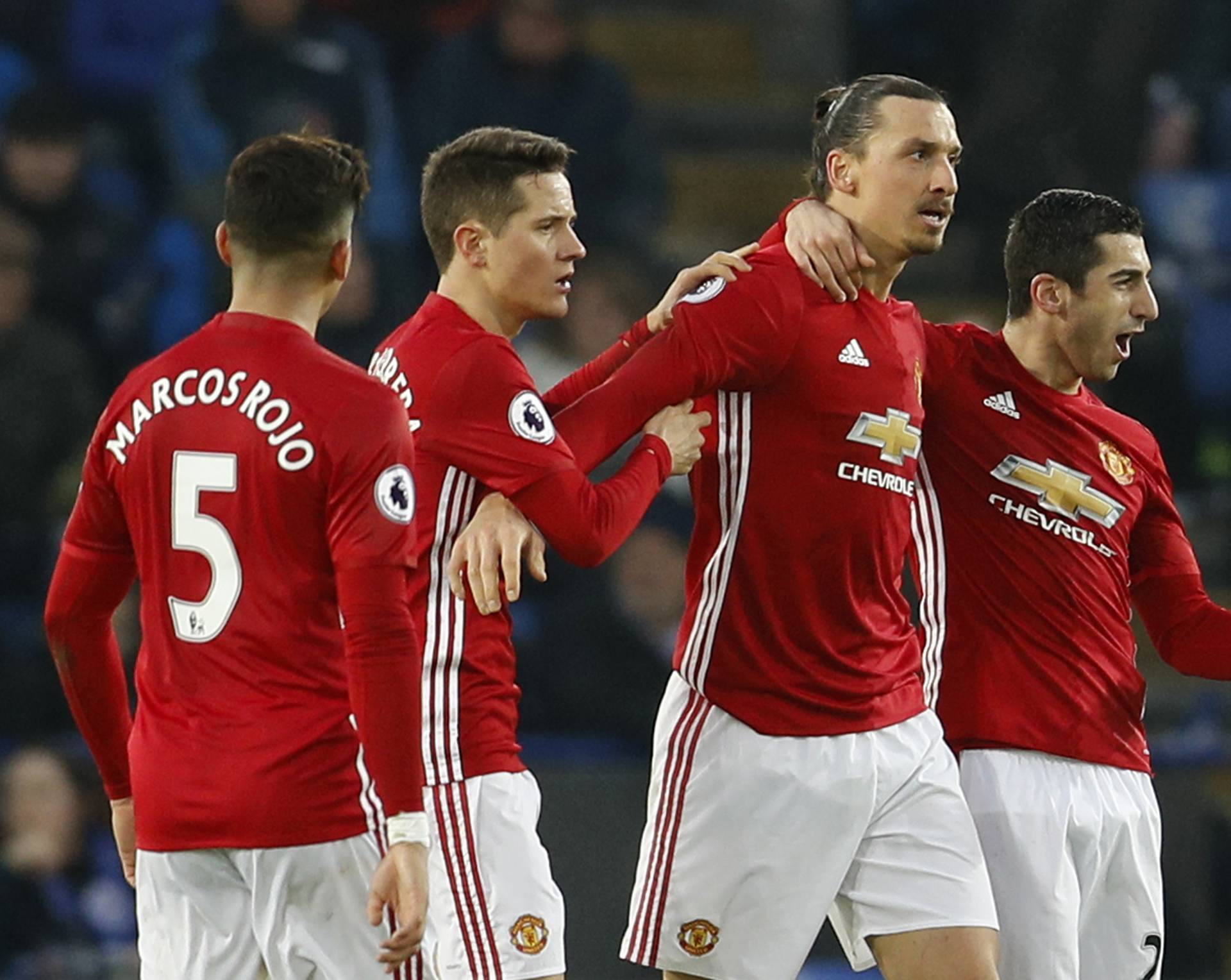 Manchester United's Zlatan Ibrahimovic celebrates scoring their second goal with teammates