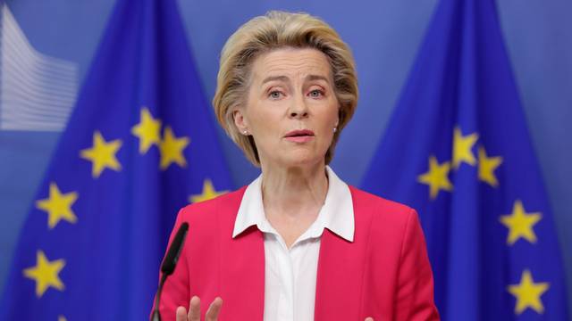 European Commission President Ursula von der Leyen and European commissioners Schinas and Johansson brief the press after the college of EU commissioners