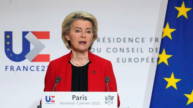European Commission President Ursula von der Leyen speaks as she participates in a media conference with French President Emmanuel Macron after a meeting at the Elysee Palace in Paris