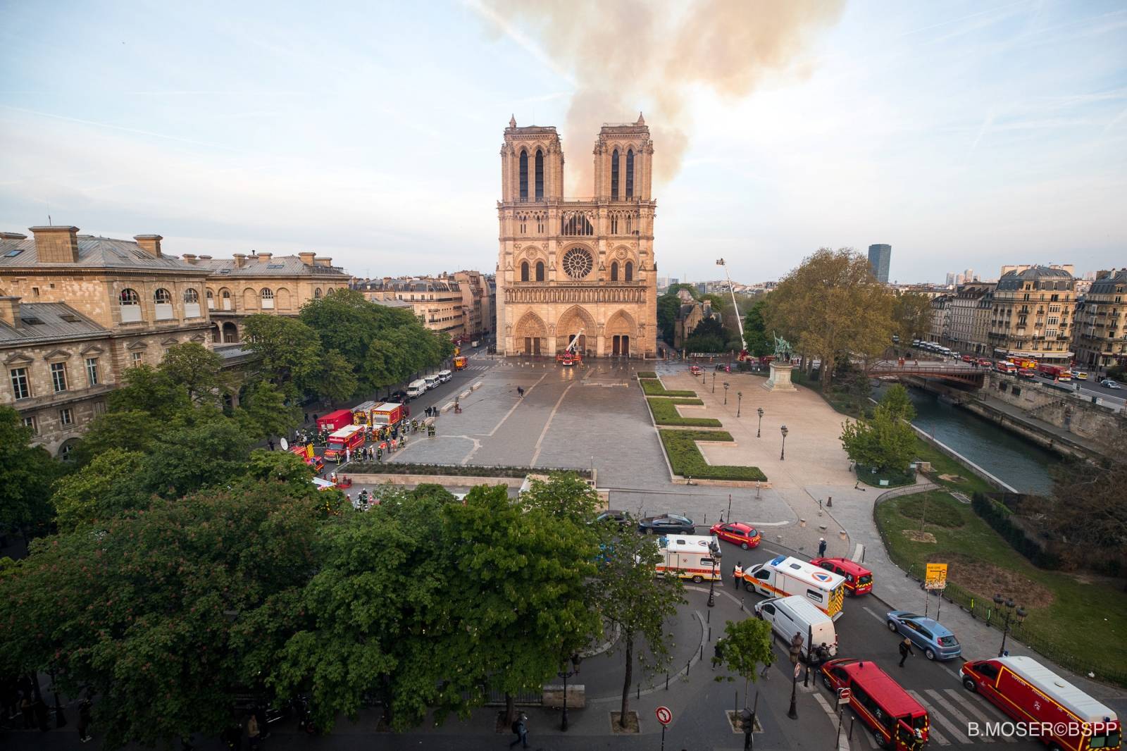 Smoke billows from the Notre Dame Cathedral, in this image provided by the Paris Fire Brigade after a fire broke out, in Paris