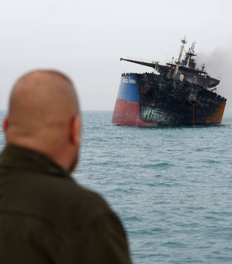 A foreign tanker carrying Iraqi fuel oil damaged after catching fire in Iraq's territorial waters, near Basra
