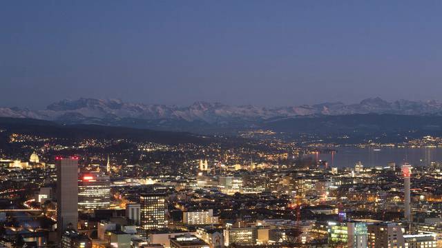 A general view shows the eastern Swiss Alps, Lake Zurich and the city of Zurich