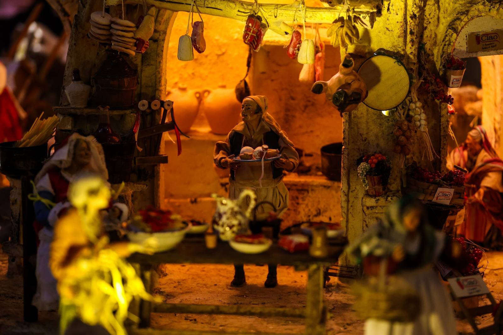 A large nativity scene whose base is also made of pizza to celebrate Christmas in the Basilica of Santa Chiara