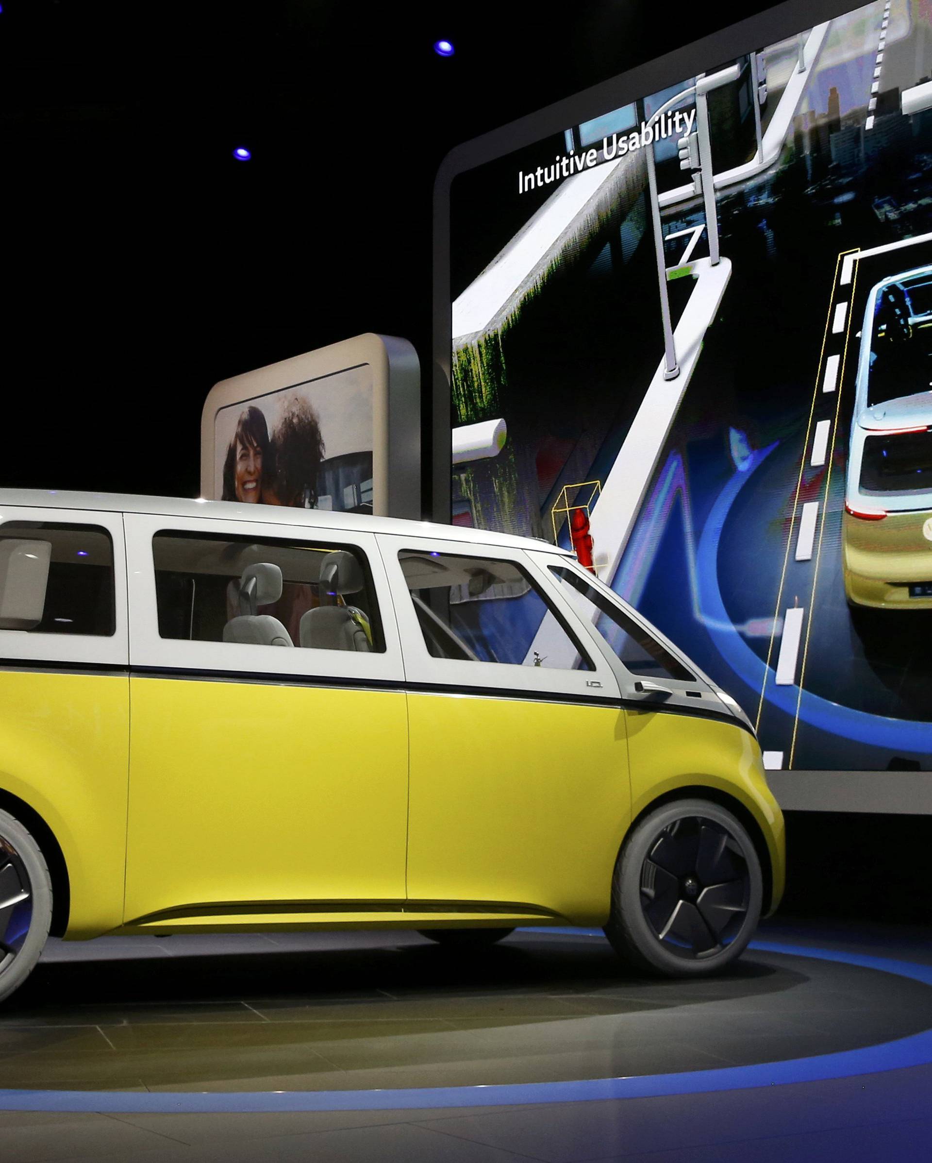 Volkswagen's electric I.D. Buzz concept vehicle is displayed during the North American International Auto Show in Detroit
