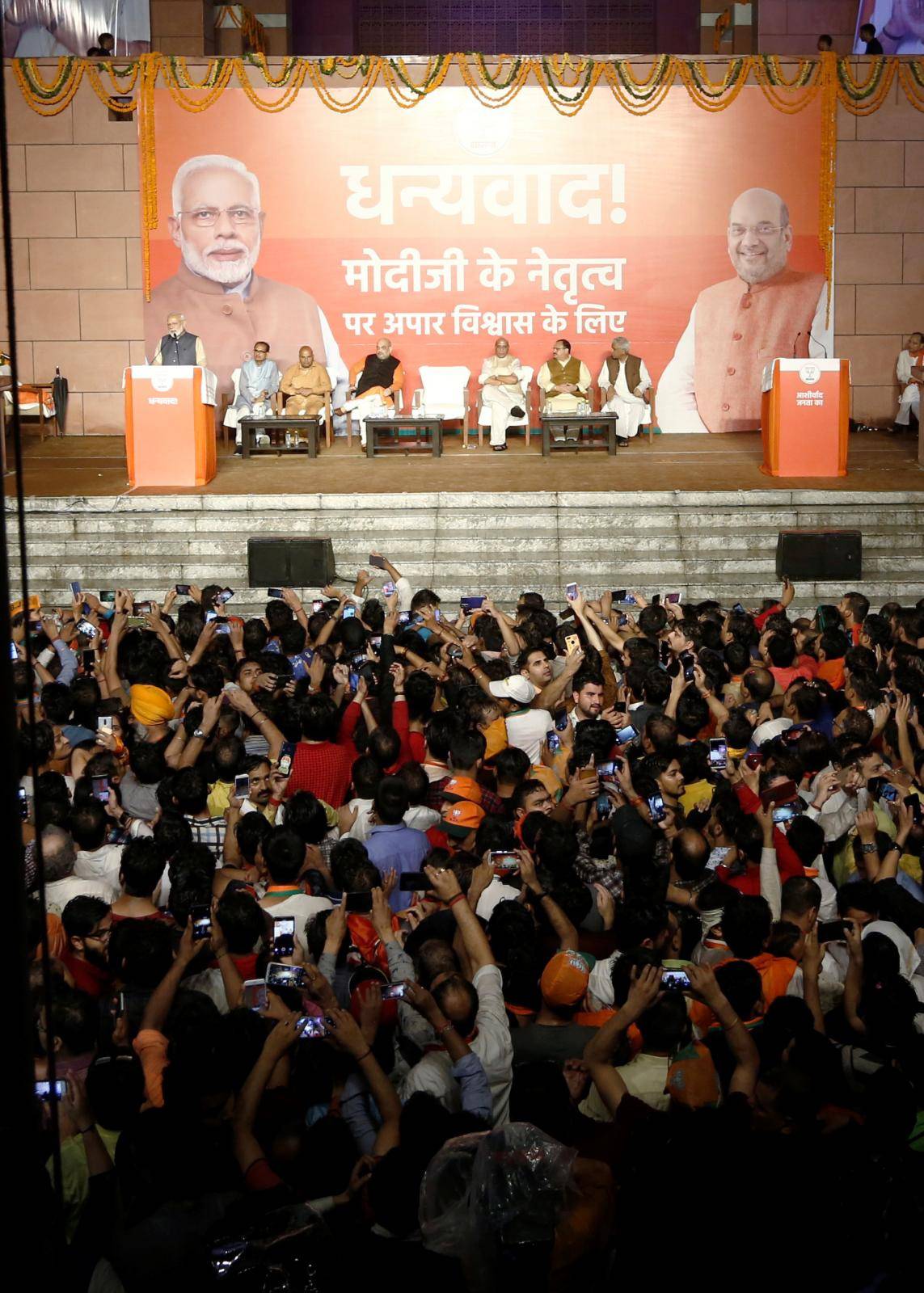 Indian Prime Minister Narendra Modi delivers his speech after the election results in New Delhi