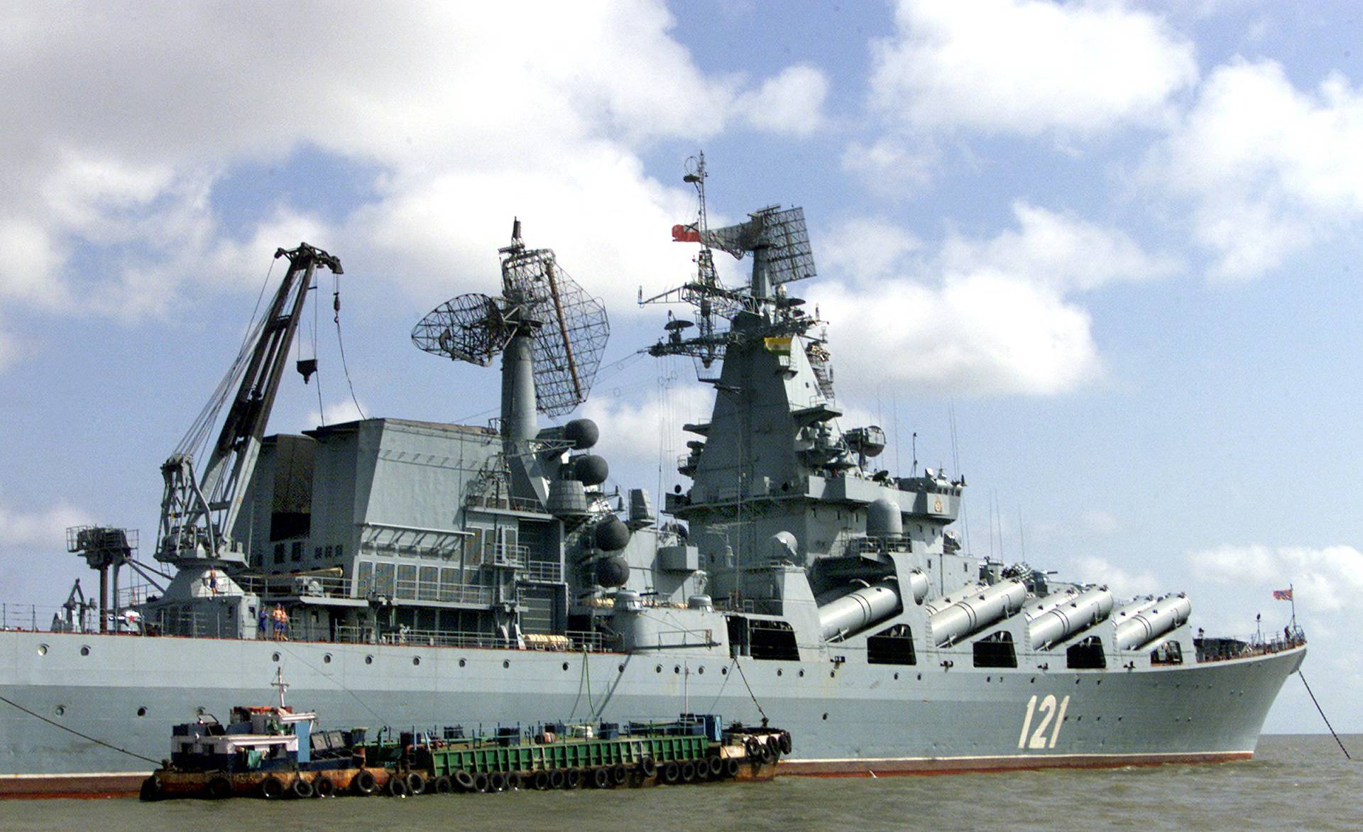 FILE PHOTO: A Russian missile cruiser "Moskva" is anchored near Mumbai