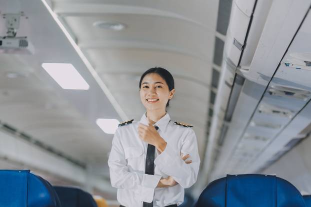 Portrait of a trained airplane captain in uniform preparing to f