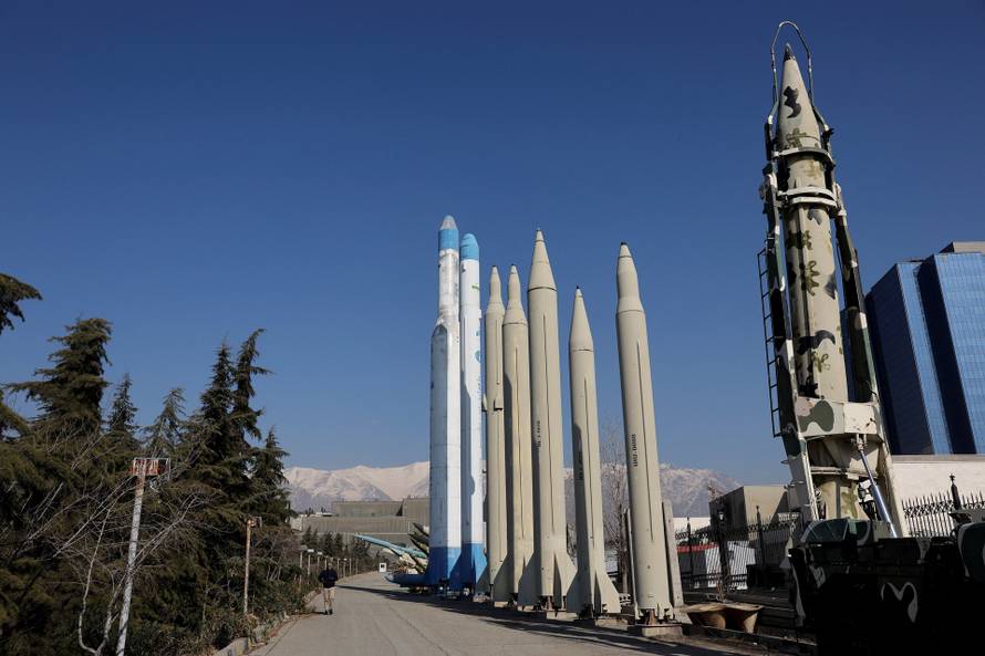 Iranian missiles are displayed in a park in Tehran