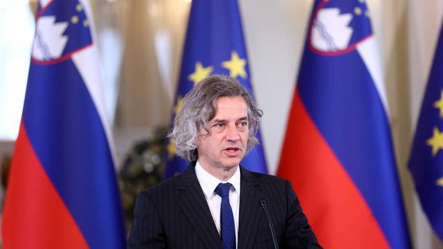 Winner of Parliamentary elections Robert Golob addresses a news conference after an informal meeting with Slovenia's President Borut Pahor in Ljubljana